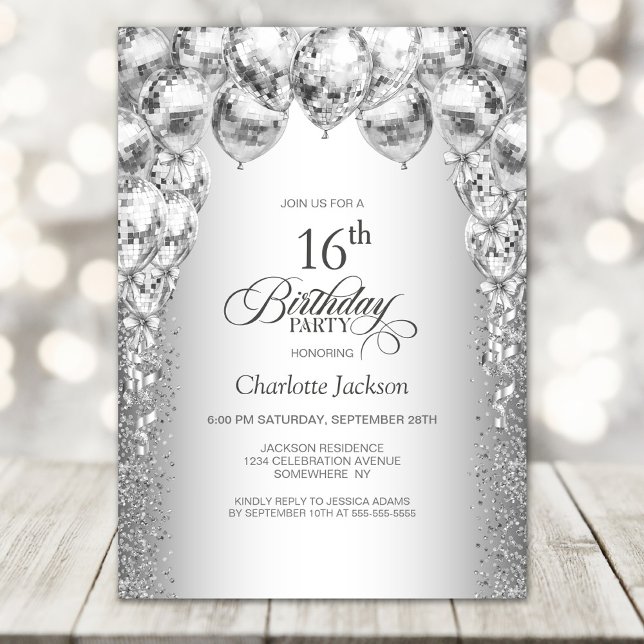Invitation Ballons d'argent élégant 16e fête d'anniversaire (Créateur téléchargé)
