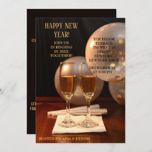 Invitation Ballons d'argent Flutes de Champagne du Nouvel An