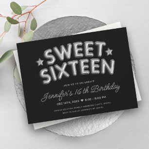 Invitation Ballons d'argent Glam moderne Black Sweet 16