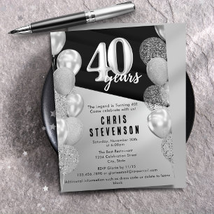 Invitation Ballons d'argent noir Masculine 40e anniversaire