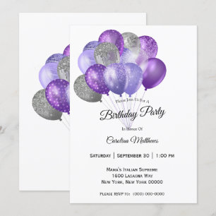 Invitation Ballons d'argent violet Anniversaire
