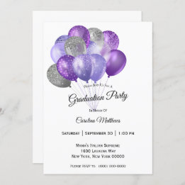 Invitation Ballons d'argent violet Graduation