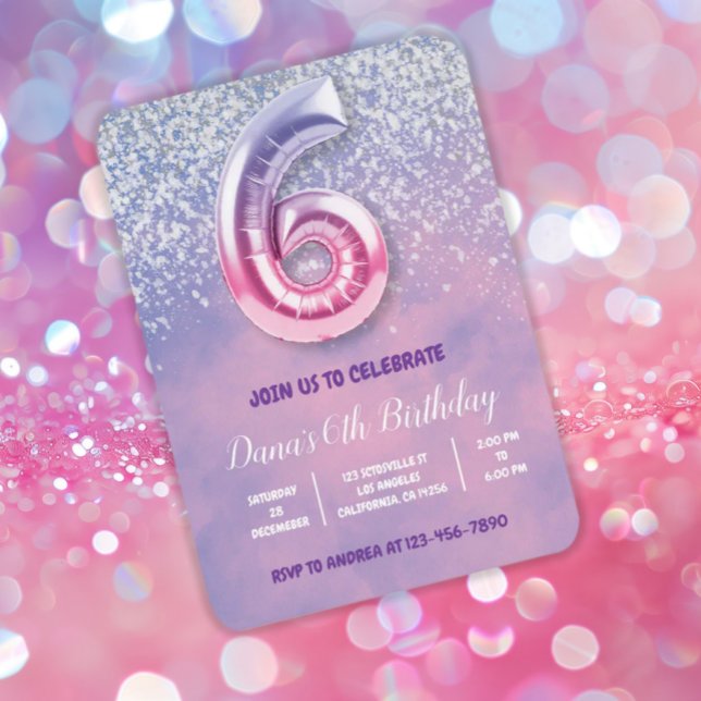 Invitation Ballons de 6e anniversaire violet et rose (Créateur téléchargé)