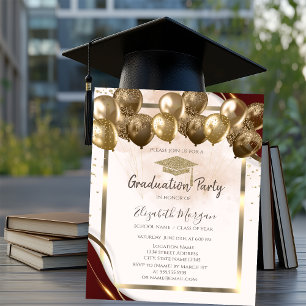 Invitation Ballons de chapeau de graduation or bordure bordea
