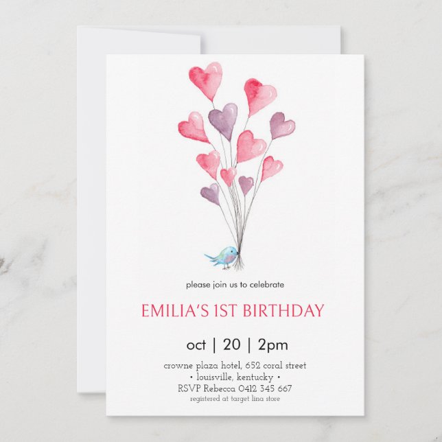 Invitation Ballons de coeur et oiseau fille anniversaire Invi (Devant)