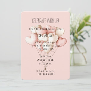 Invitation Ballons de Coeur Rose Anniversaire