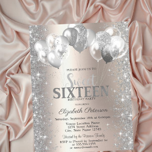 Invitation Ballons de confettis argentés Champagne Sweet 16