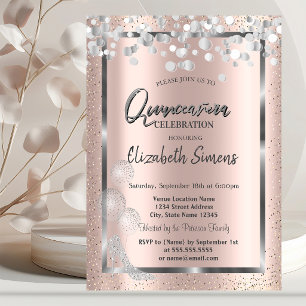 Invitation Ballons de confettis argentés Rose Gold Quinceañer