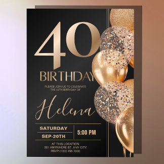Invitation Ballons de Confettis Glamour pour les 40 ans d'Or
