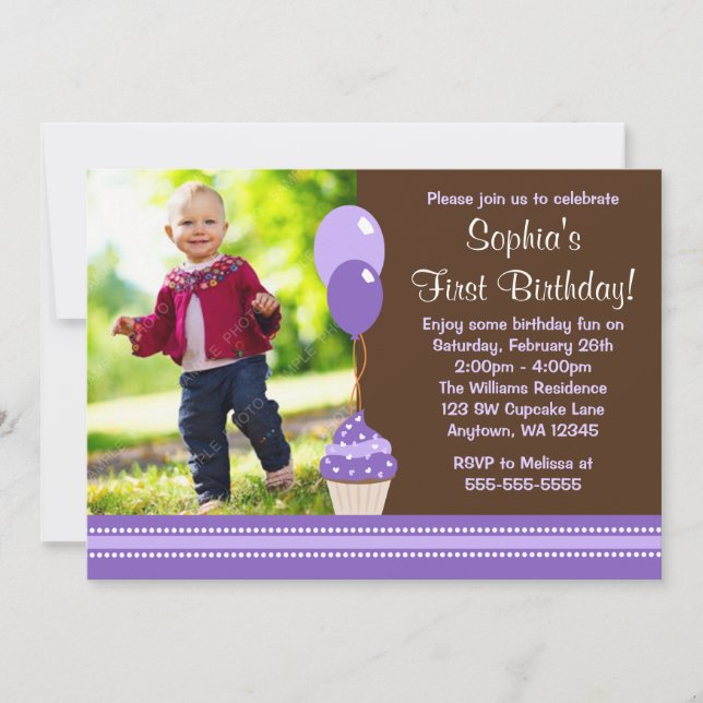 Invitation Ballons de Cupcake photo violet Brown Anniversaire (Devant)
