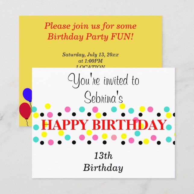 Invitation Ballons de fête d'anniversaire à pois (Devant / Derrière)