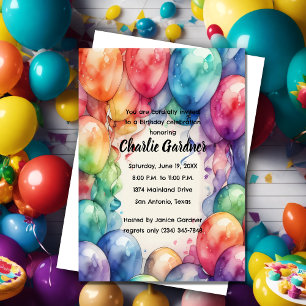 Invitation Ballons de fête d'anniversaire aquarelle colorés