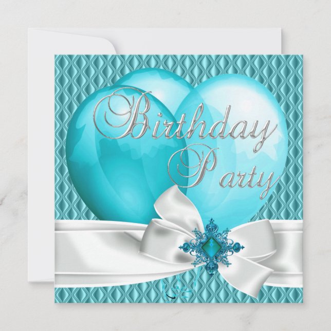 Invitation Ballons de fête d'anniversaire bleu sarcelle blanc (Devant)