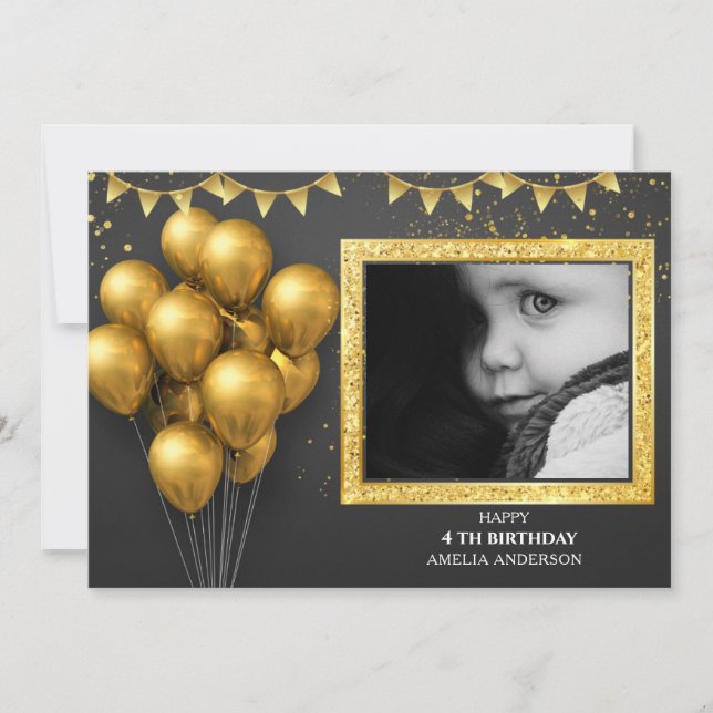 Invitation Ballons de fête d'anniversaire or argent noir (Devant)