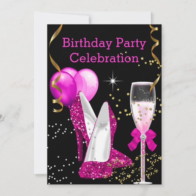 Invitation Ballons de fête d'anniversaire rose chaud doré (Devant)