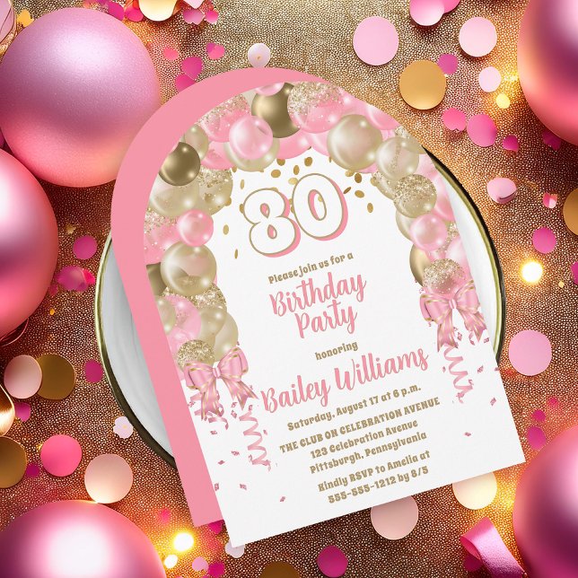 Invitation Ballons de fête de l'or rose 80e fête d'anniversai (Pink, Gold Tone and White  Celebration Balloons "80" 80th Birthday Party Invitation - Print or Digi)