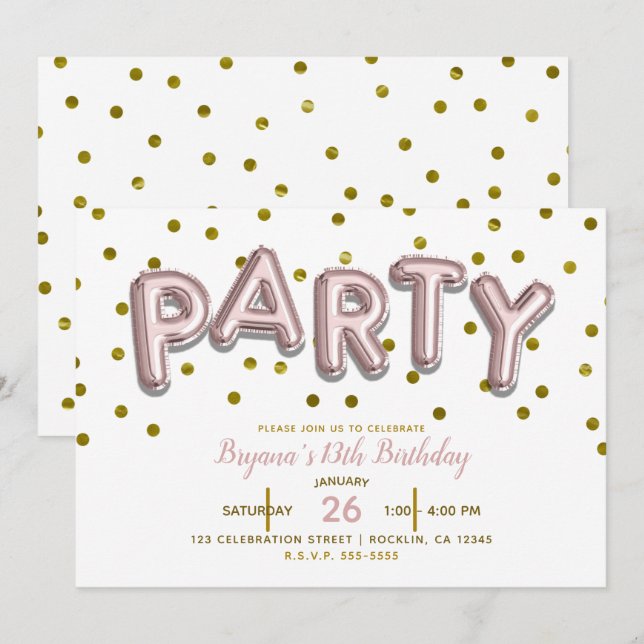 Invitation Ballons de FÊTE Rose Doré Anniversaire TOUTE COULE (Devant / Derrière)