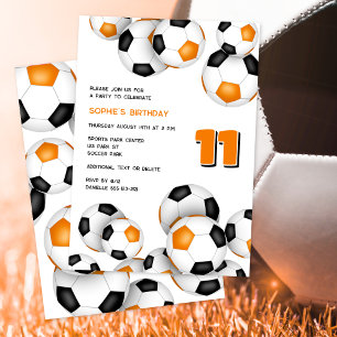 Invitation ballons de football noir orange filles garçons ann