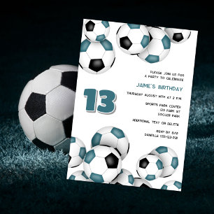 Invitation Ballons de football noir turquoise anniversaire de