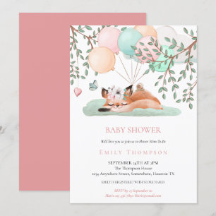 Invitation Ballons de Fox couché mignon Baby shower rose