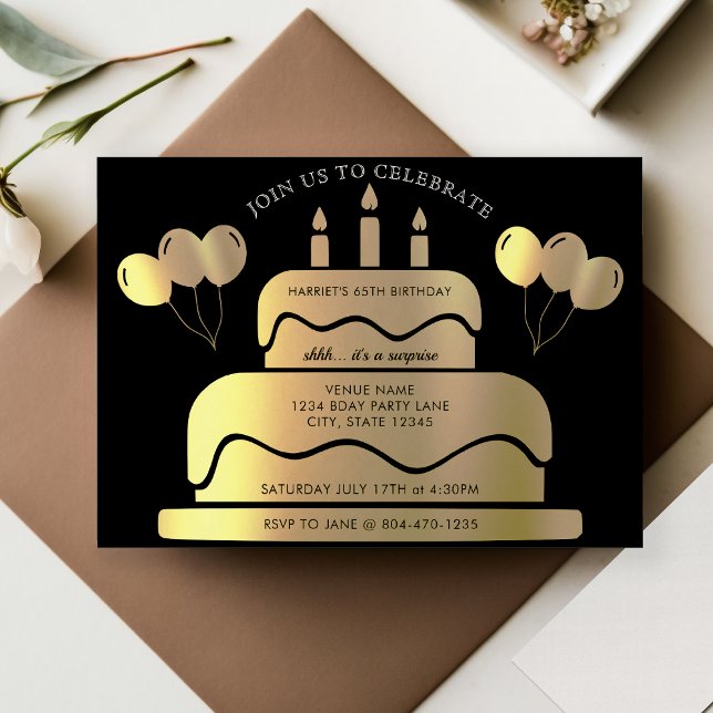 Invitation Ballons de gâteau noir et or 65e anniversaire (Black & Gold Cake Balloons 65th Birthday Invitation)
