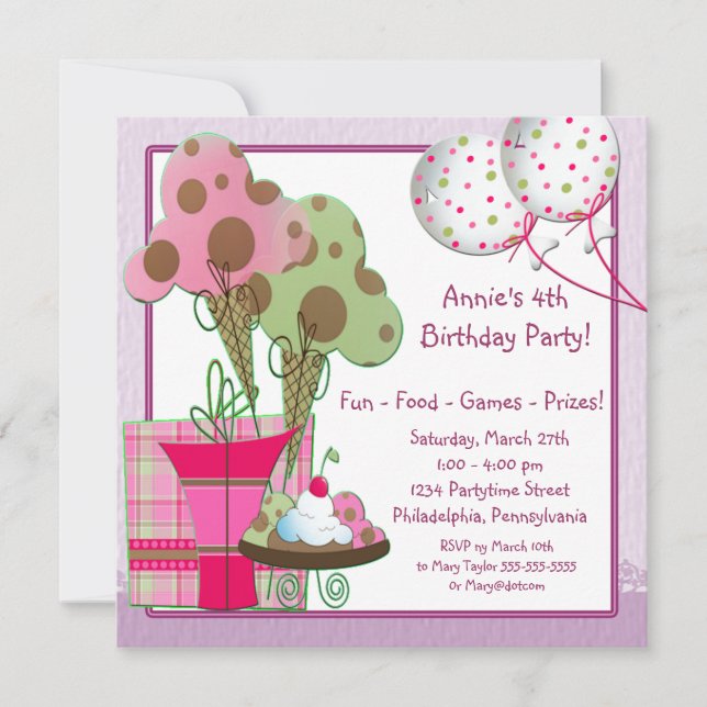 Invitation Ballons de glace Girls 4e anniversaire (Devant)