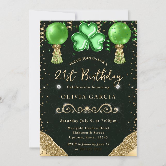 Invitation Ballons de la Saint-Patrick Glam 21e Anniversaire (Devant)