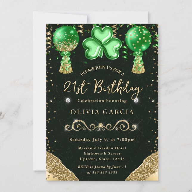 Invitation Ballons de la Saint-Patrick Glam 21e Anniversaire (Devant)