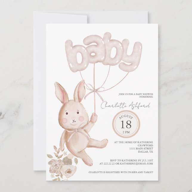 Invitation Ballons de lapin Aquarelle Boho Baby shower neutre (Devant)