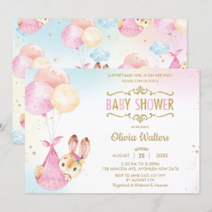 Invitation Ballons de lapin cute Baby shower fille