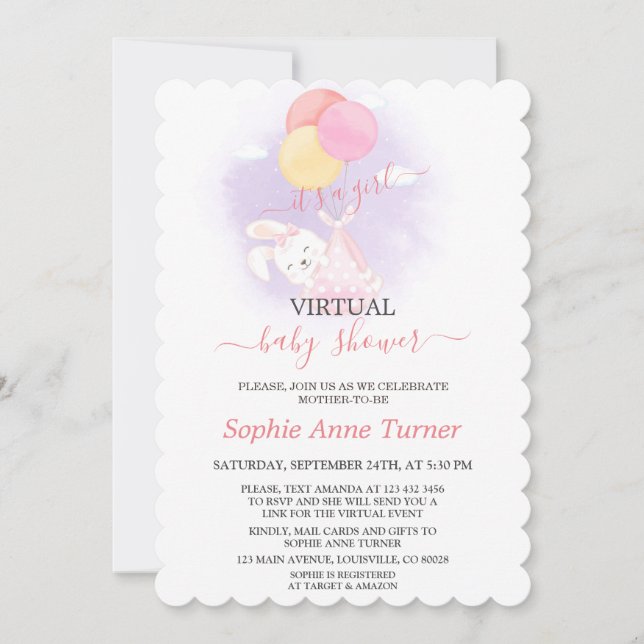 Invitation Ballons de lapin mignon fille Baby shower virtuel (Devant)
