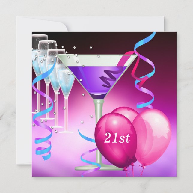 Invitation Ballons de Martini Blanc Rose Violet pour 21e Anni (Devant)