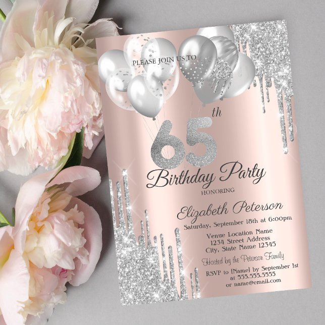 Invitation Ballons de Parties scintillant en argent 65e anniv (Créateur téléchargé)