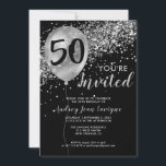 Invitation Ballons de Parties scintillant gris argent noir 50<br><div class="desc">Moderne Elégant Glam noir argent gris Parties scintillant étincelante Balloon 50e anniversaire Invitation</div>
