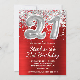 Invitation Ballons de Parties scintillant rouge et argent 21e