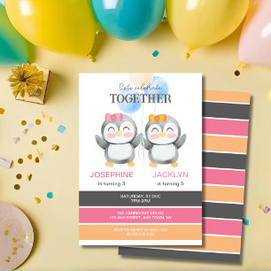 Invitation Ballons de pingouins mignons Filles Jumelles Anniv