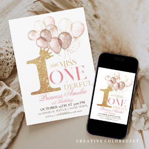Invitation Ballons de princesse Couronne d'or rose 1er annive