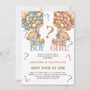 Invitation Ballons de Révélation de Bébé Ours Minimal