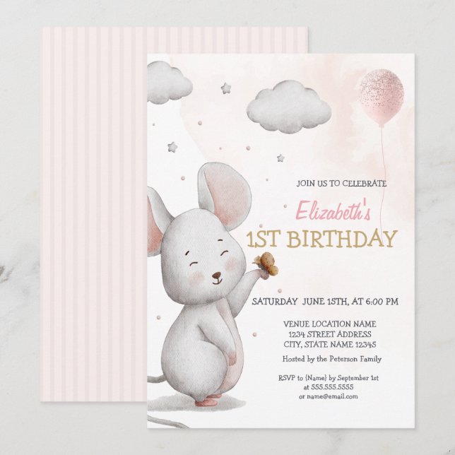 Invitation Ballons de souris adorable rayé Anniversaire (Devant / Derrière)