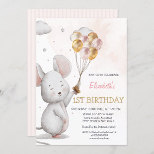 Invitation Ballons de souris adorables rayé Anniversaire