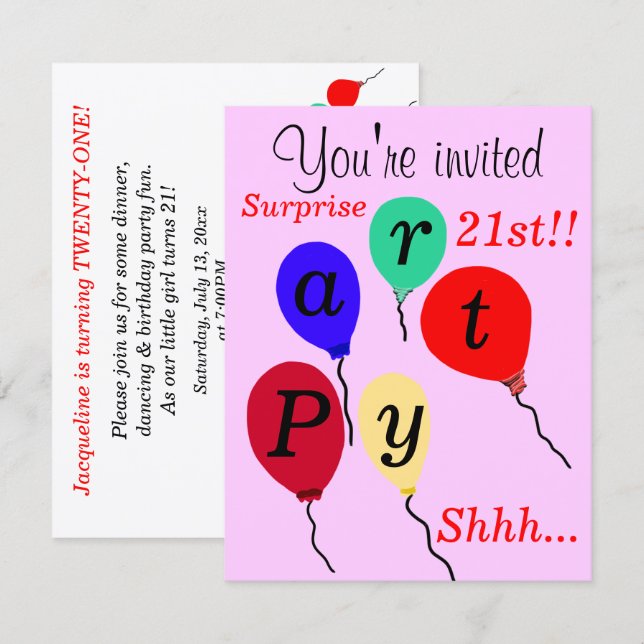Invitation Ballons de surprise pour 21e anniversaire rose (Devant / Derrière)