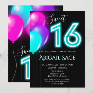 Invitation Ballons de Sweet sixteen rose néon, bleu, violet