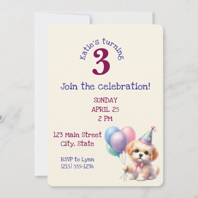 Invitation Ballons de tenue de chiot mignonne Anniversaire Fê (Devant)