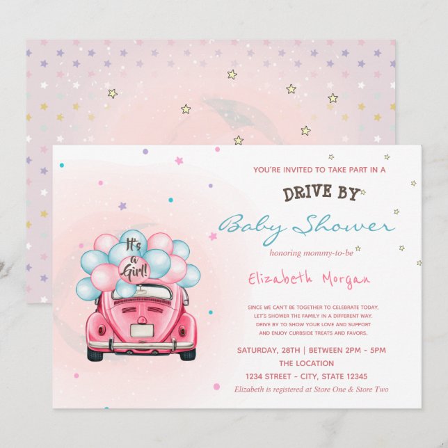 Invitation Ballons de voiture étoiles défilent bébé Shower (Devant / Derrière)
