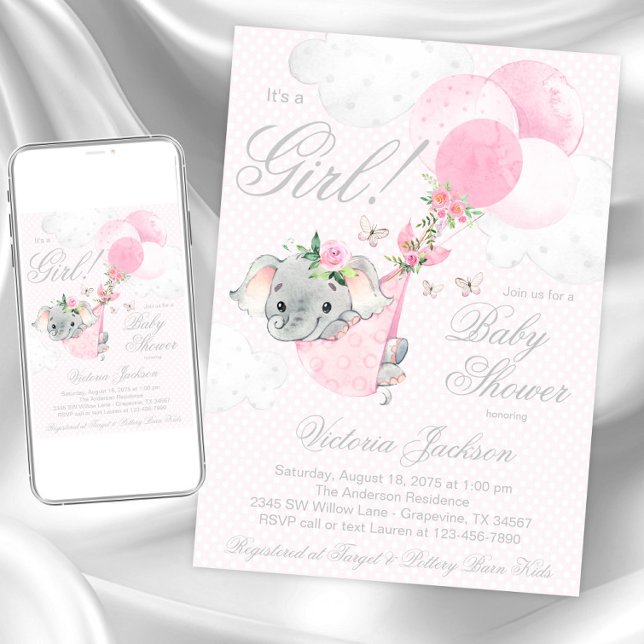 Invitation Ballons d'éléphant rose vif Baby shower papillon (Girl elephant baby shower invitation. Instant download and printed invitations available.)