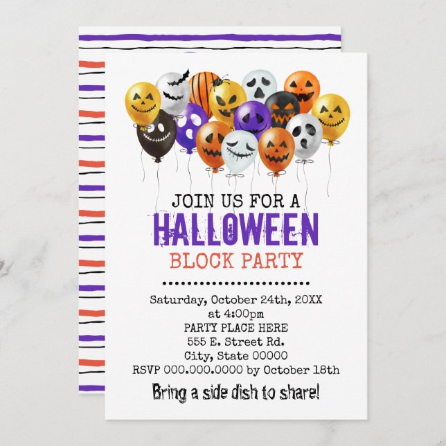 Invitation Ballons d'Halloween quartier de bloc (Devant / Derrière)