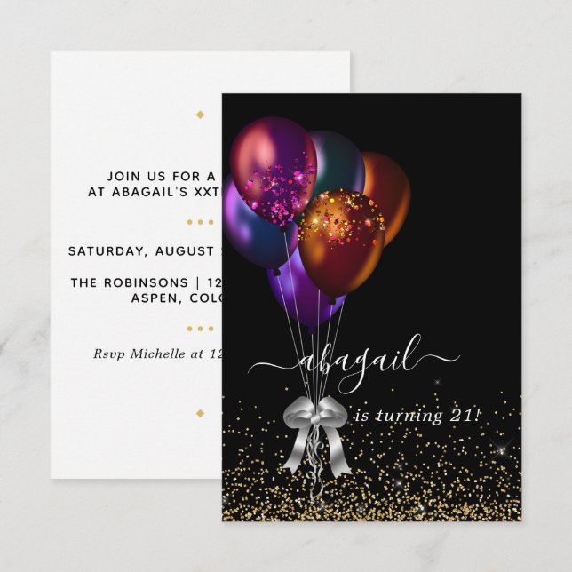 Invitation Ballons d'Iridescente foncée fête d'anniversaire (Devant / Derrière)