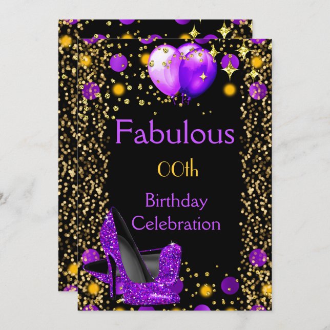 Invitation Ballons d'or à talons hauts violets fête d'anniver (Devant / Derrière)