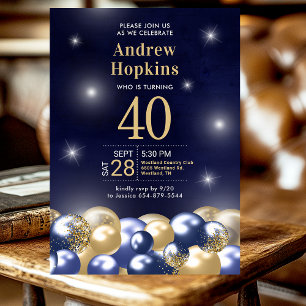 Invitation Ballons d'or bleu marine Photo 40e anniversaire