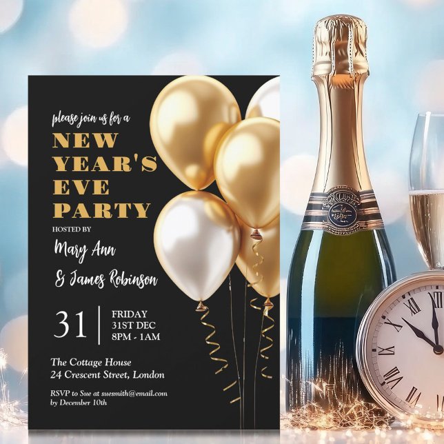 Invitation Ballons d'or du Nouvel An MODERNE (MODERN New Years Eve Party Gold Balloons Black Invitation)